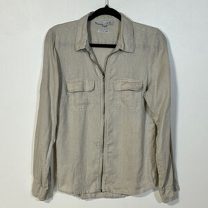 Harve Benard Women's Medium Linen Shirt Jacket Beige Pockets Zip Closure Collar